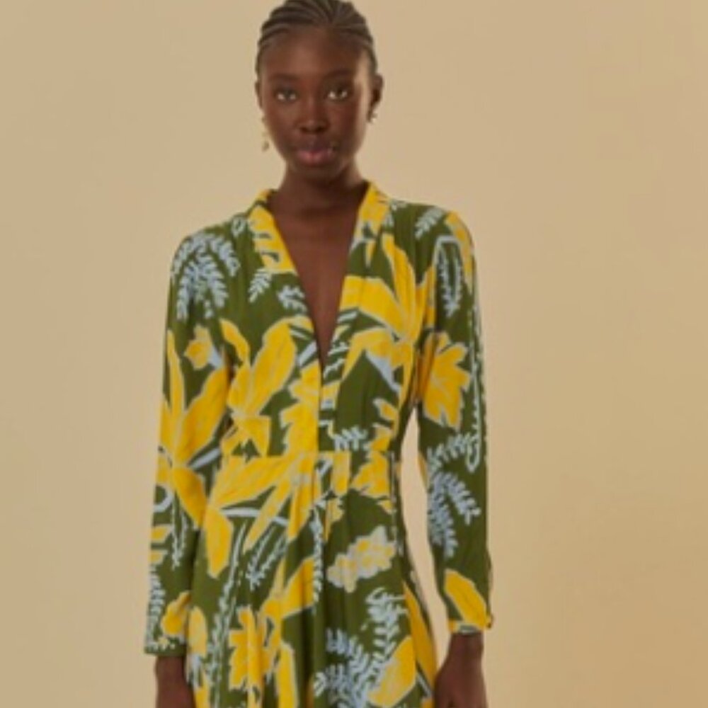 Farm Rio Foliage Sketch Green V Neck Maxi Dress